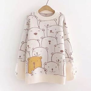 Bear cartoon sweater lace up sleeve cream apricot beige